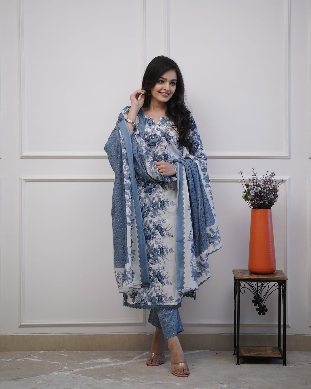 Floral Printed Straight Suit With Sequence Work