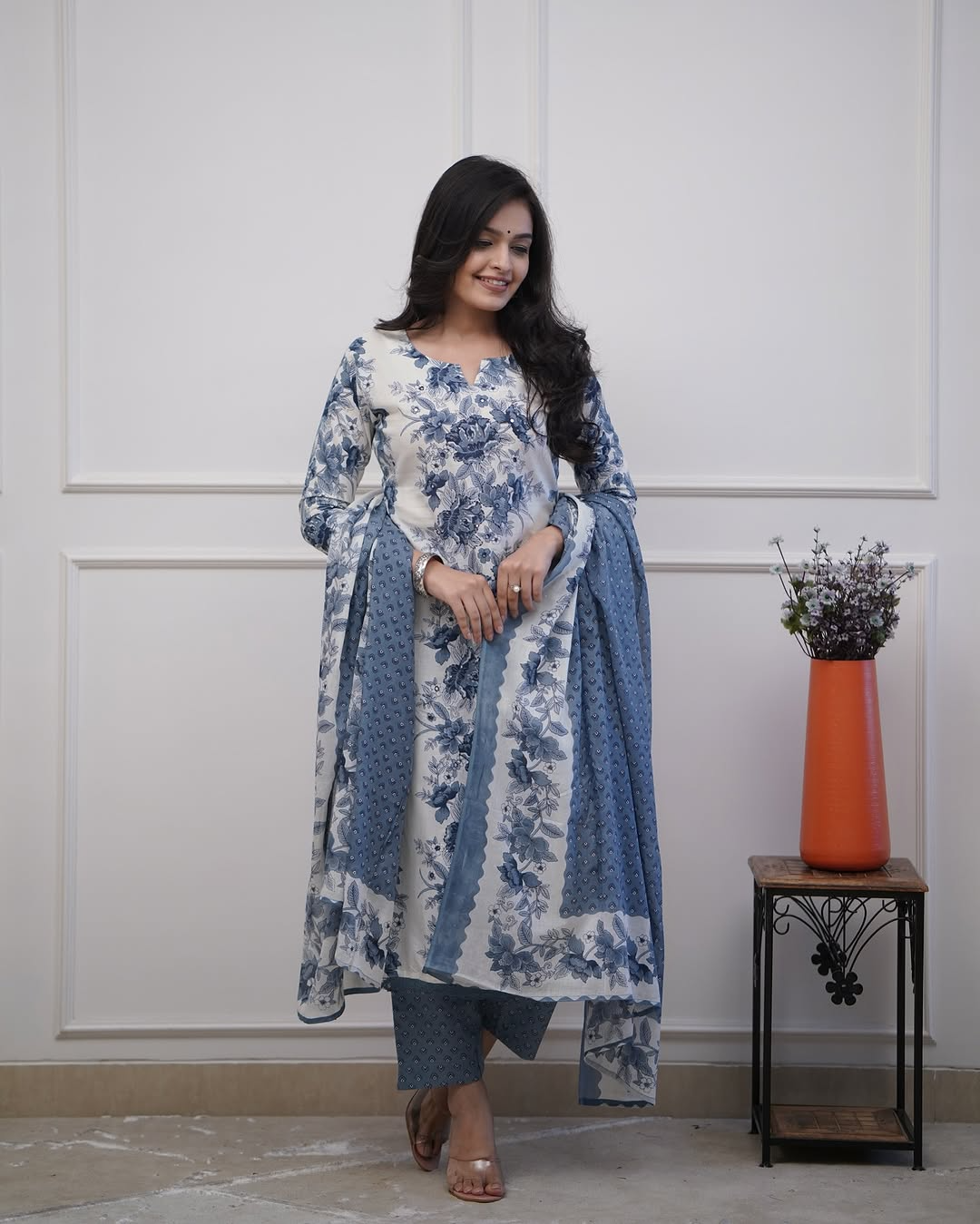 Floral Printed Straight Suit With Sequence Work