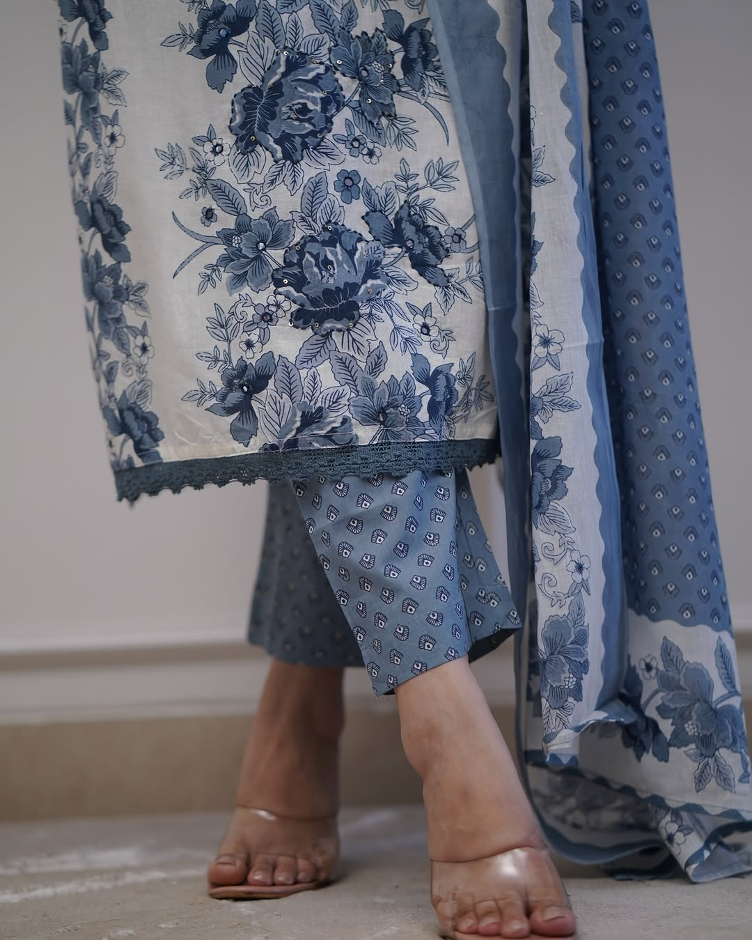 Floral Printed Straight Suit With Sequence Work