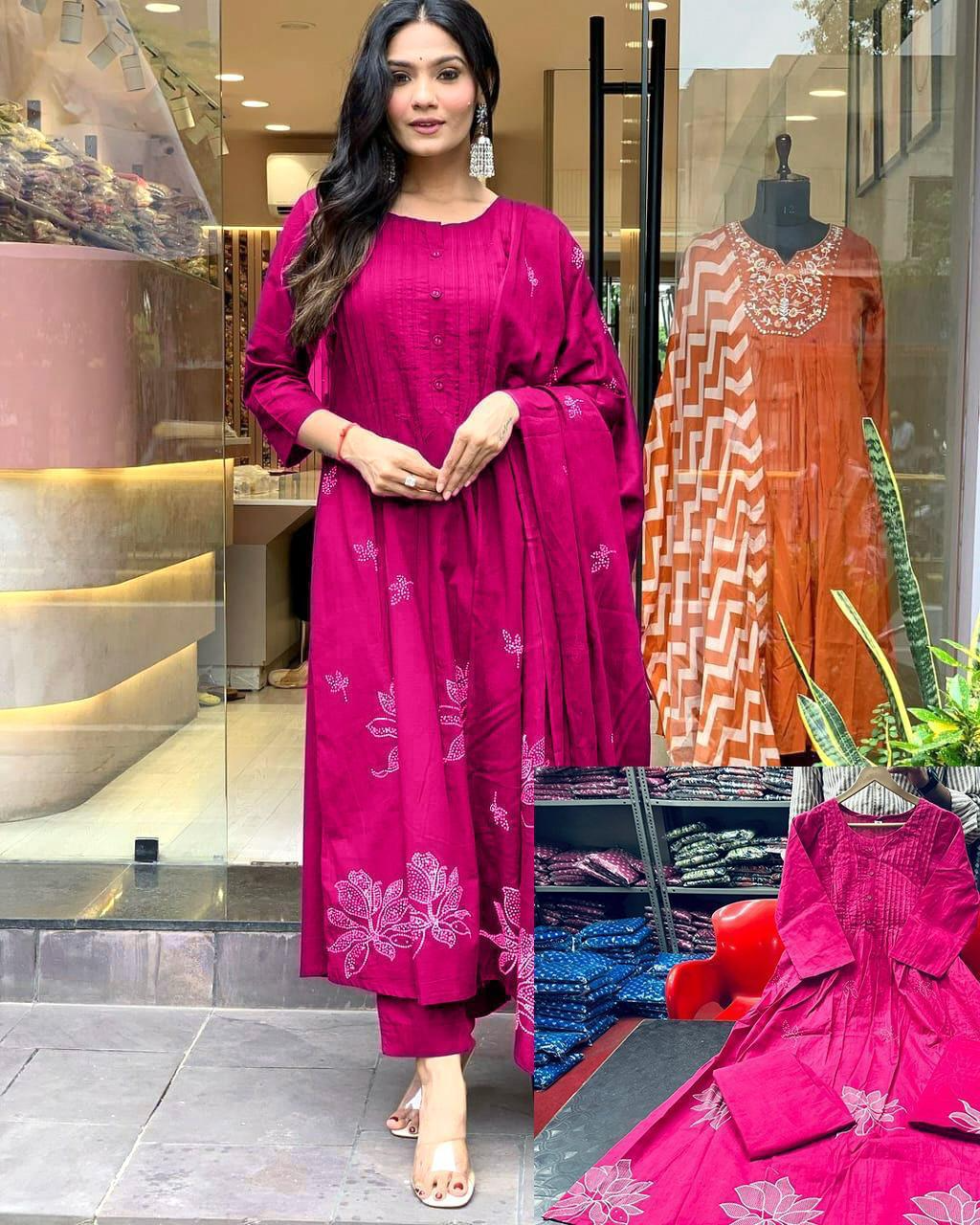 Pink Cotton Printed Pintex Kurta Pant & Dupatta