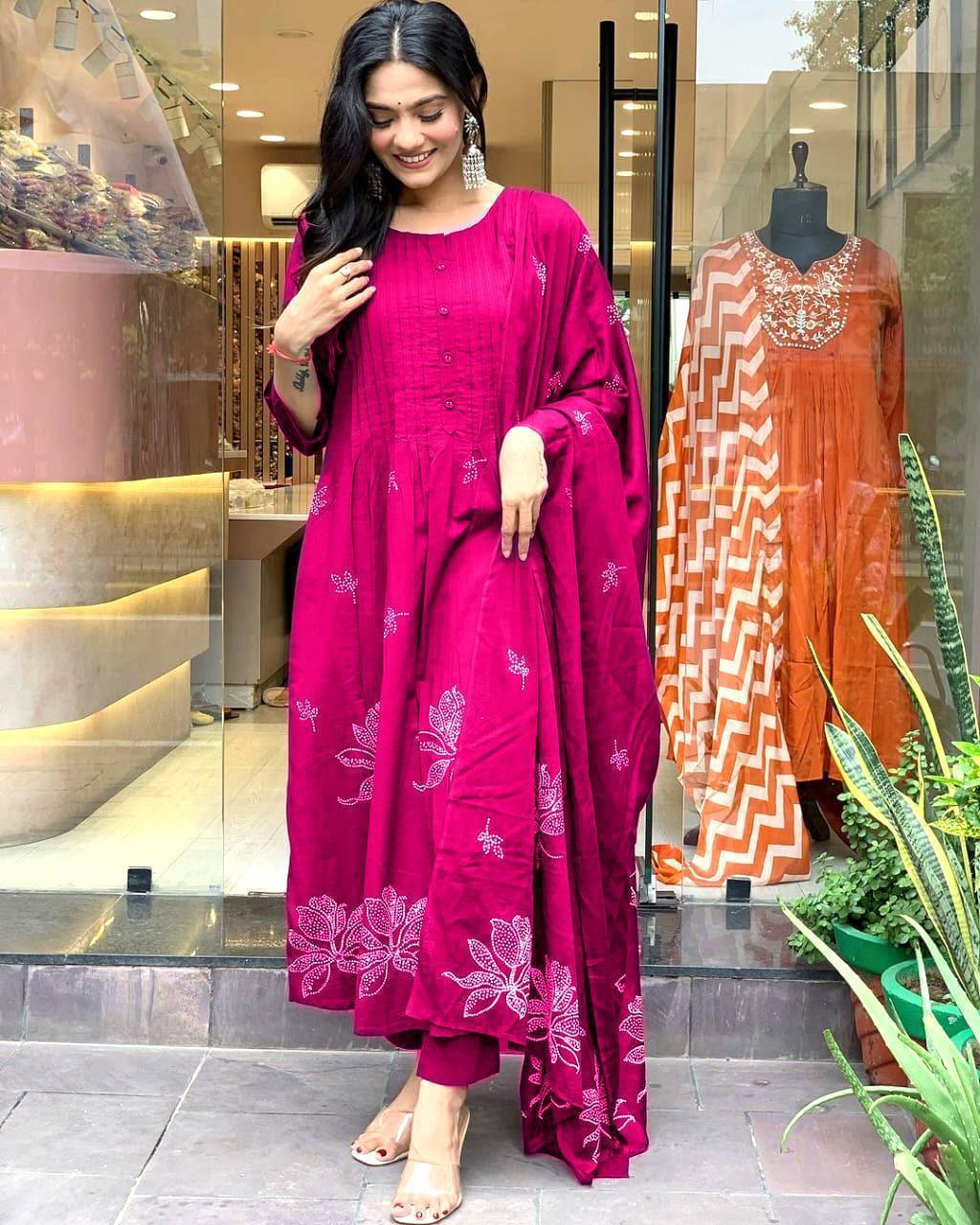 Pink Cotton Printed Pintex Kurta Pant & Dupatta