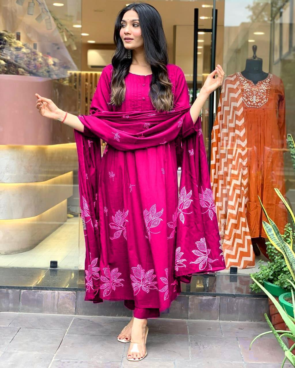 Pink Cotton Printed Pintex Kurta Pant & Dupatta