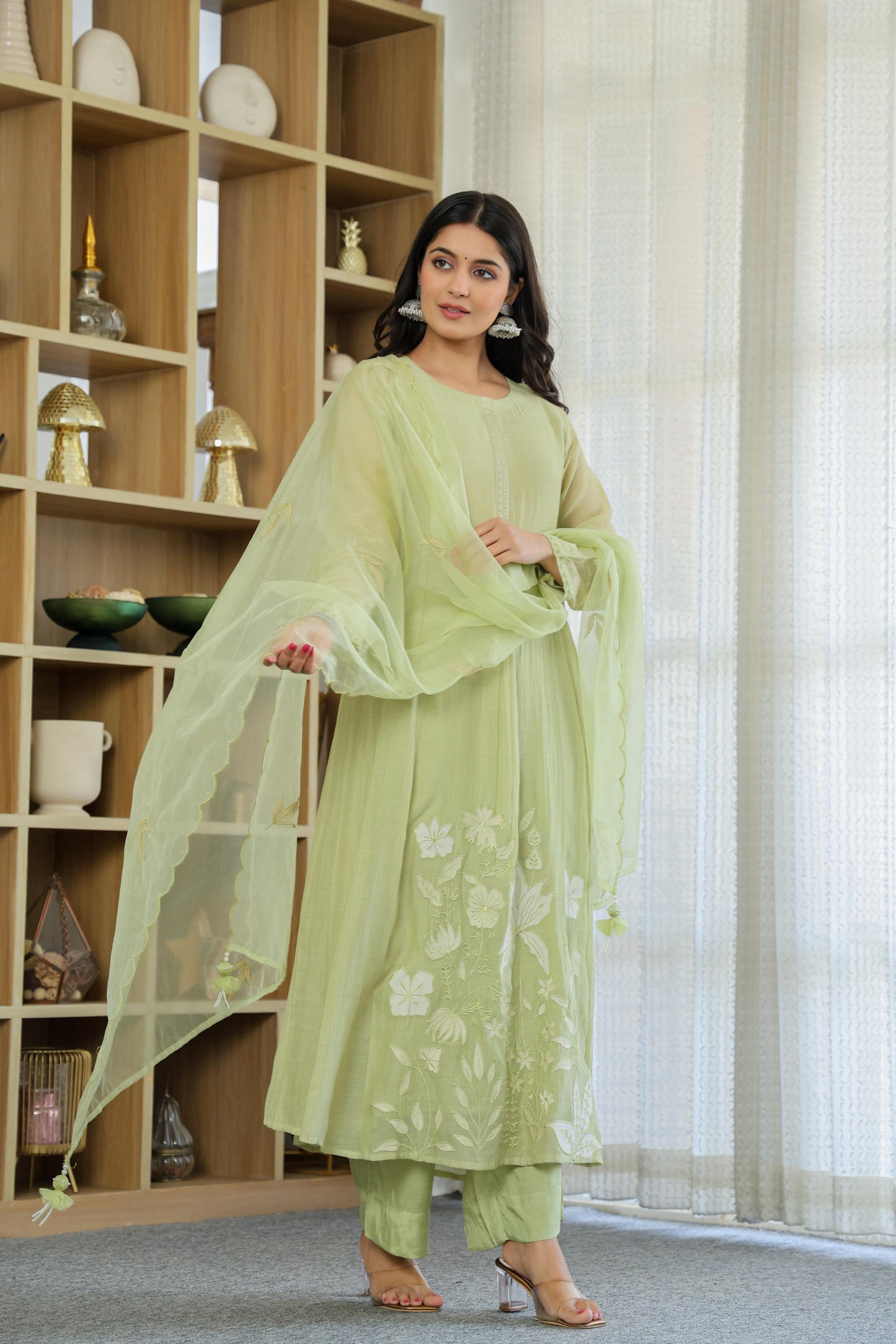 Mul Chanderi Embroidered Anarkali Suit With Hand Work