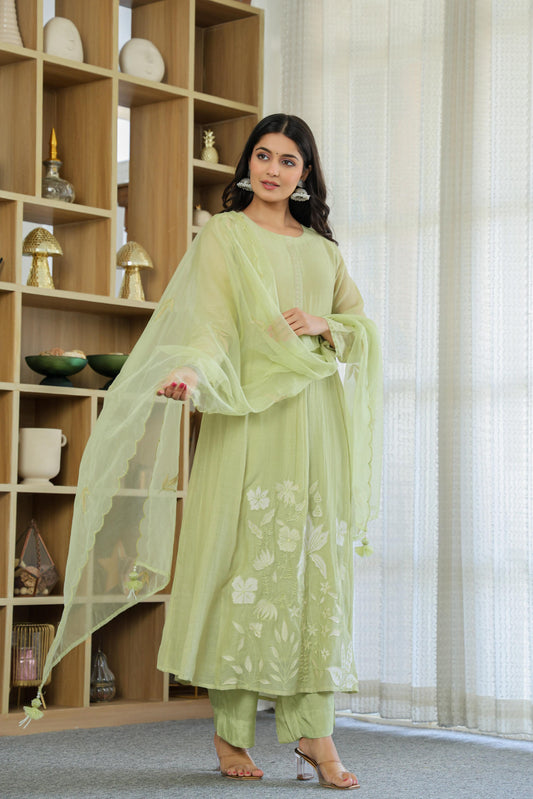 Mul Chanderi Embroidered Anarkali Suit With Hand Work