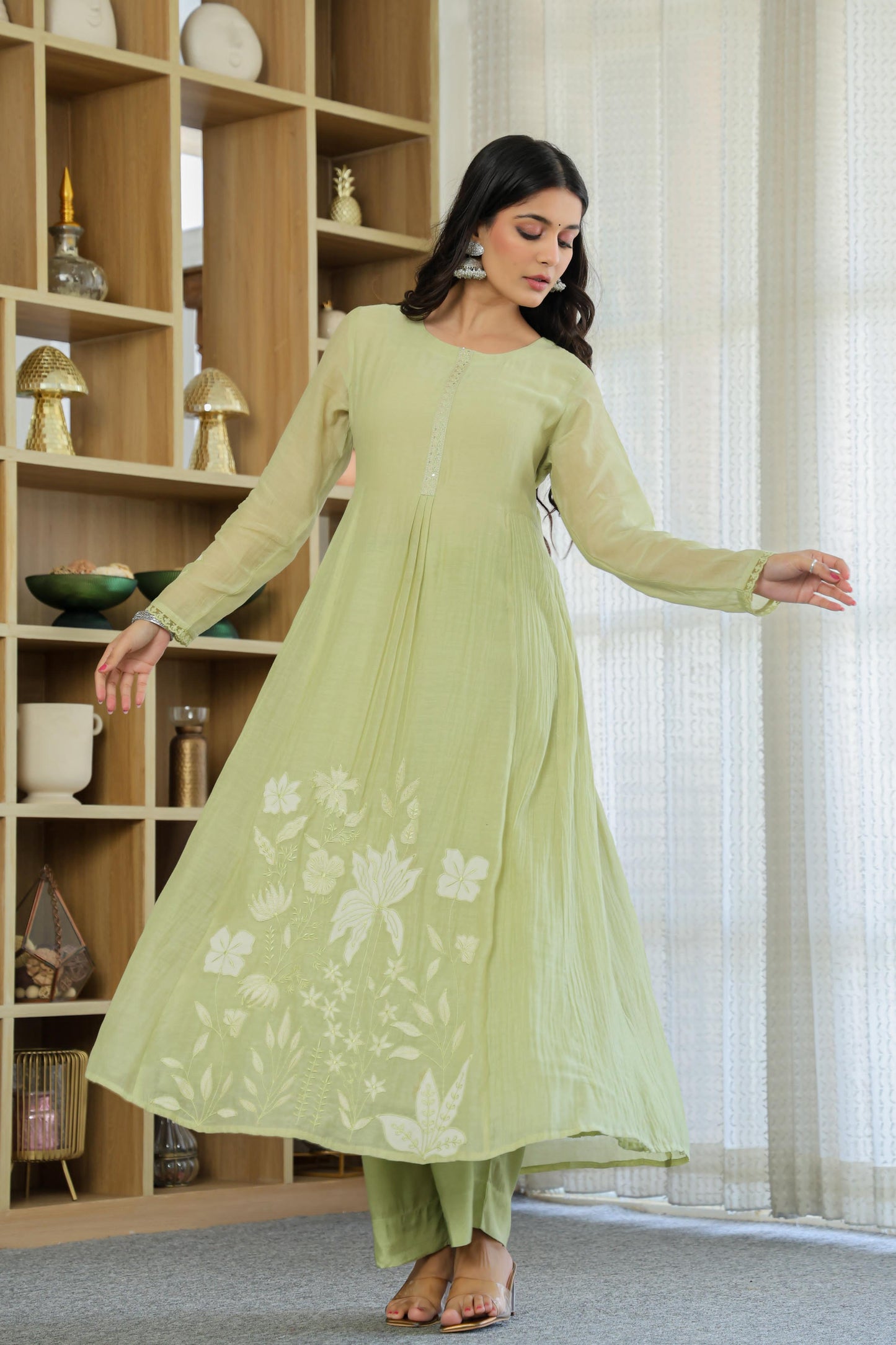 Mul Chanderi Embroidered Anarkali Suit With Hand Work
