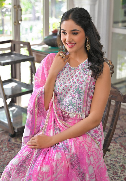 Pink Mul Cotton Embroidered Sharara Suit- Summer Wedding Special