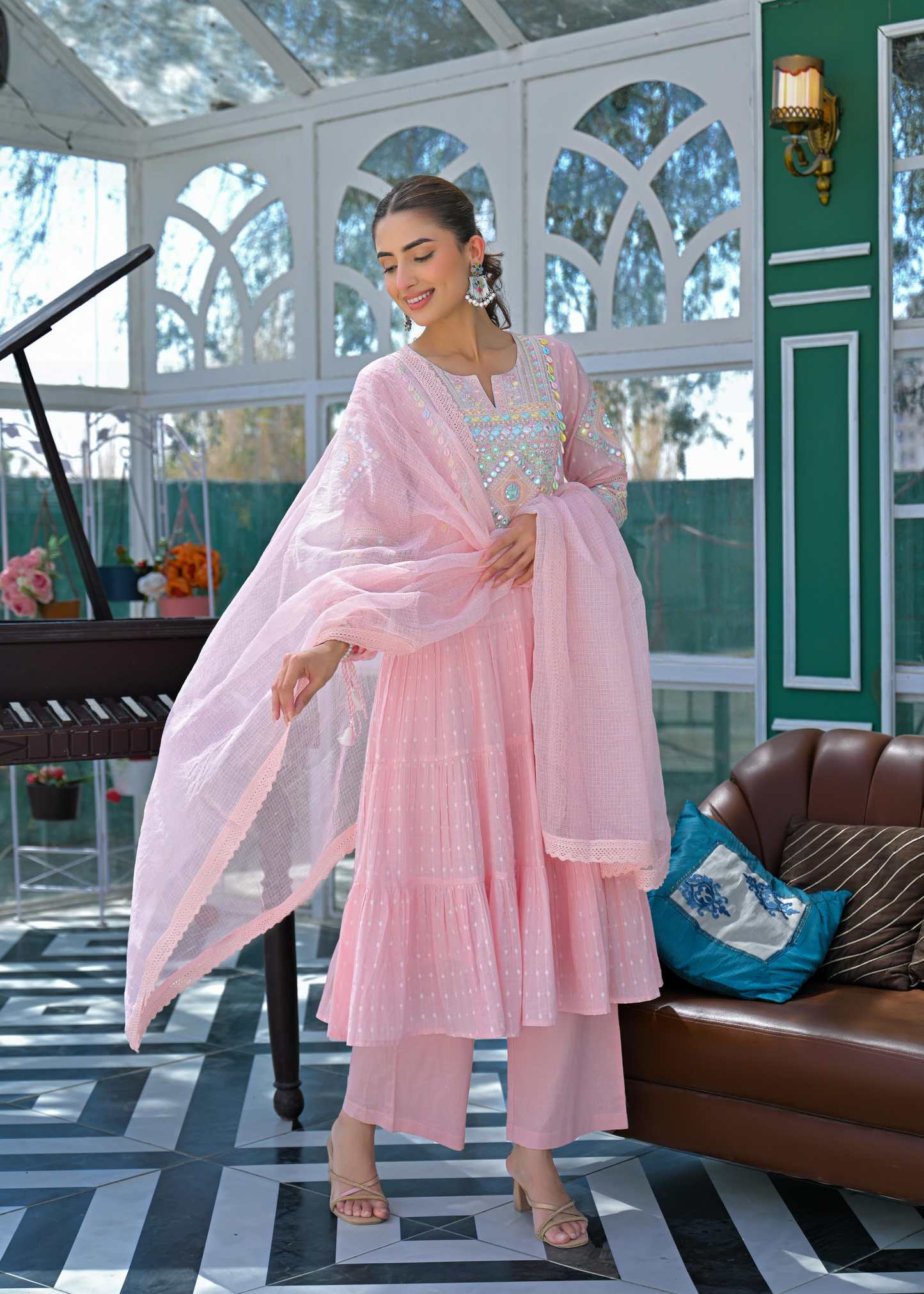 Pink Cotton Anarkali Suit With Mirror Work