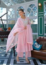 Pink Cotton Anarkali Suit With Mirror Work