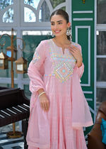 Pink Cotton Anarkali Suit With Mirror Work
