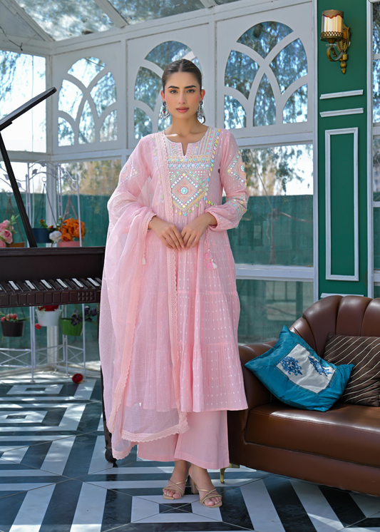 Pink Cotton Anarkali Suit With Mirror Work
