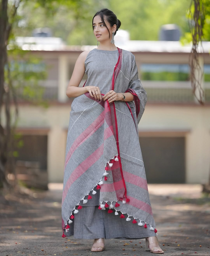 Grey Handloom A Line Kurti With Palazzo & Linen Dupatta