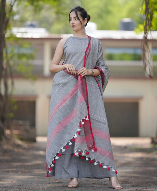 Grey Handloom A Line Kurti With Palazzo & Linen Dupatta