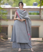 Grey Handloom A Line Kurti With Palazzo & Linen Dupatta