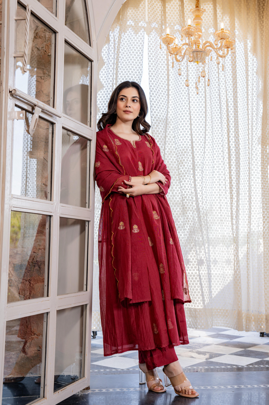 Red Mul Chanderi Embroidered Anarkali Suit