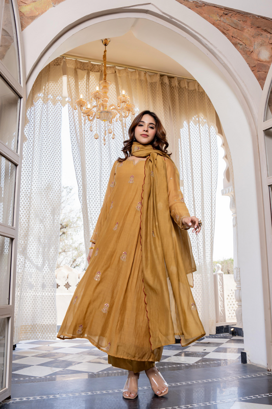 Mustard Mul Chanderi Embroidered Anarkali Suit