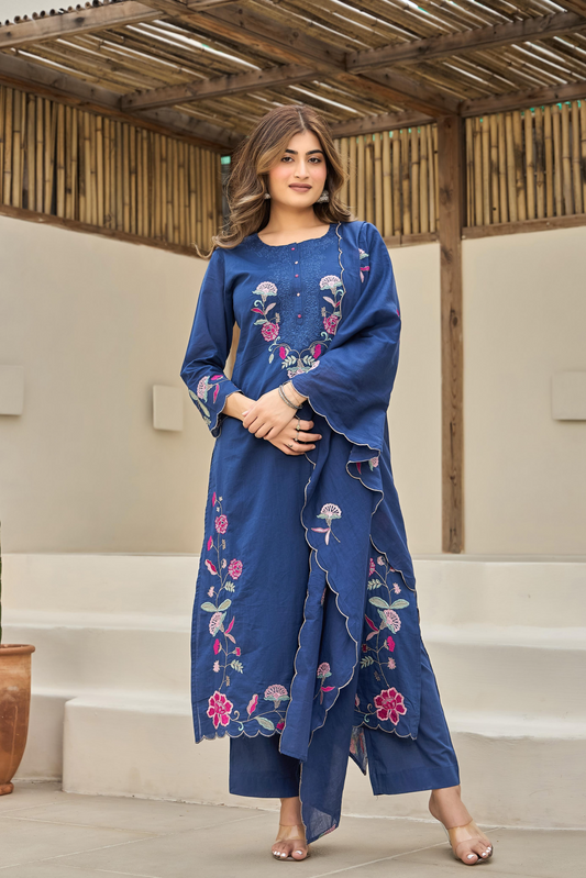 Blue Floral Embroidered Cotton Kurta Suit