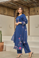 Blue Floral Embroidered Cotton Kurta Suit