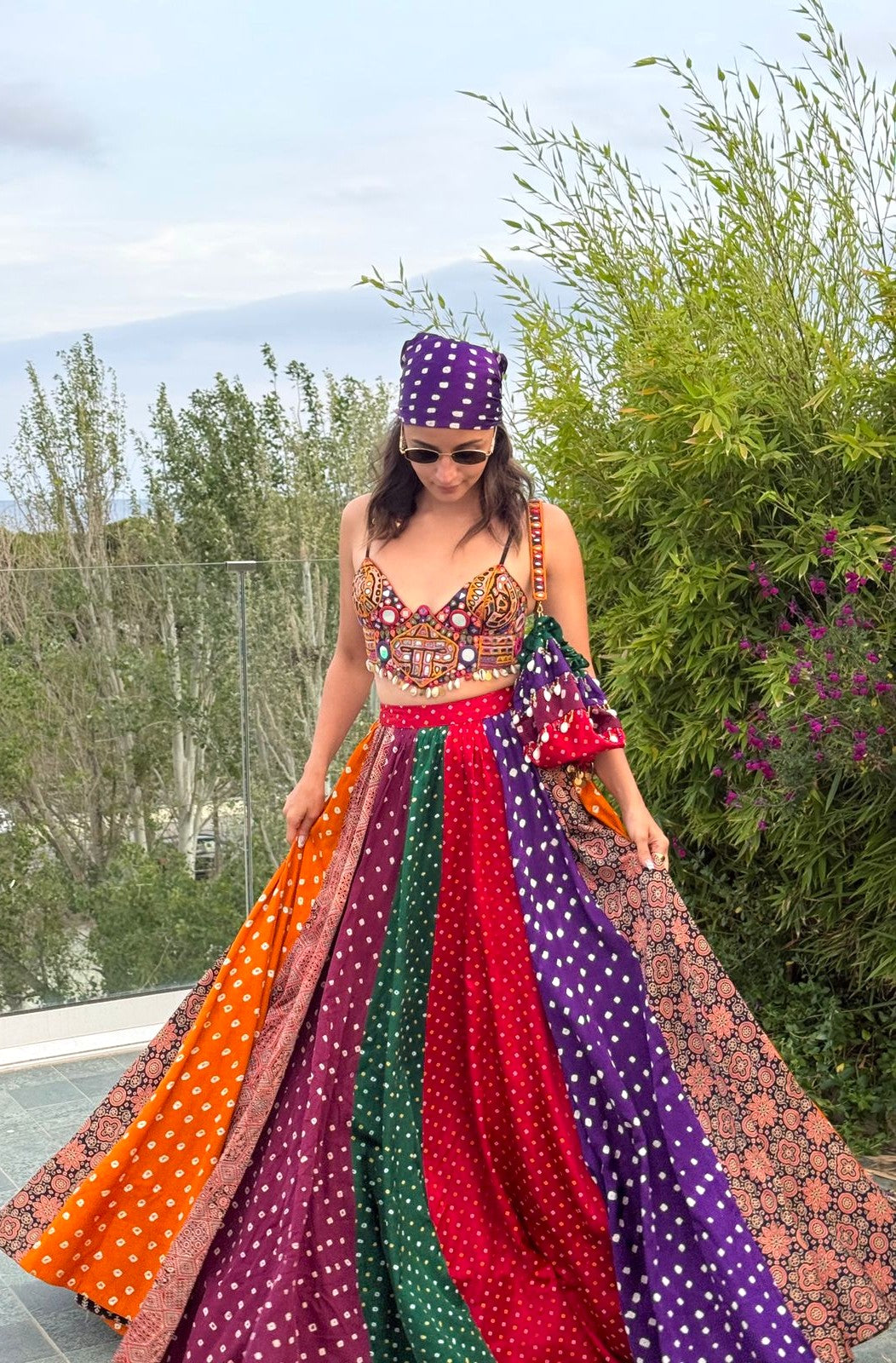 Multi- colour Multi-panel Bandhani Skirt & Choli Set - Alia Bhatt Inspired