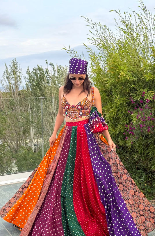 Multi- colour Multi-panel Bandhani Skirt & Choli Set - Alia Bhatt Inspired