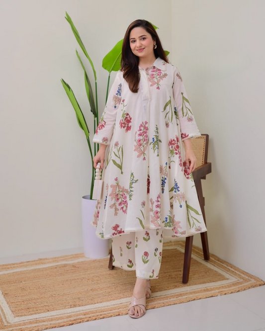 Mul cotton Floral Embroidered A Line Kurta Suit