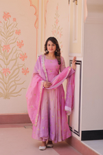 Pink Organza Sequins-Multi & Zari Embroidered Gown With Dupatta