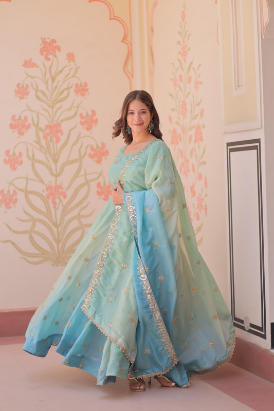 Sky Organza Sequins-Multi & Zari Embroidered Gown With Dupatta