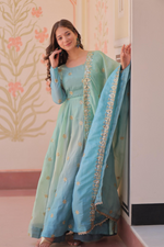 Sky Organza Sequins-Multi & Zari Embroidered Gown With Dupatta