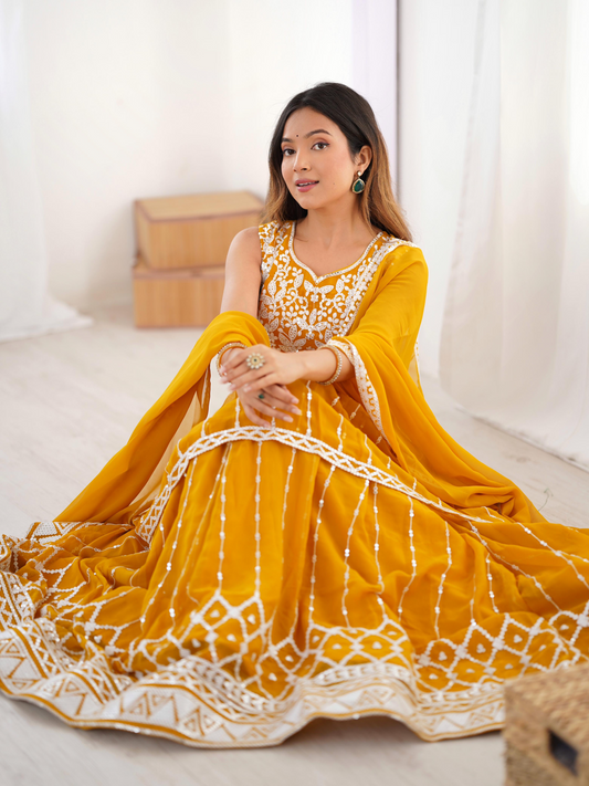 Mustard Georgette Thread Sequence Work Sharara Suit