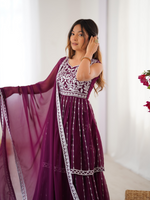 Maroon Georgette Thread Sequence Work Sharara Suit