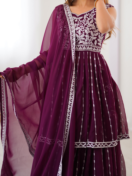 Maroon Georgette Thread Sequence Work Sharara Suit