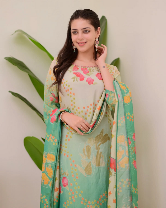 Multi Shades Viscose Silk Hand Work Kurta Suit
