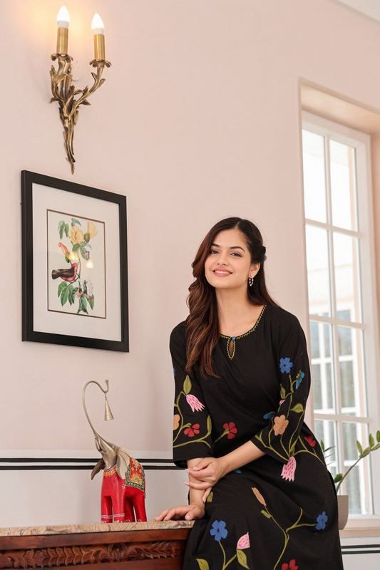 Black Brush Paint Cotton Kurti & Pant