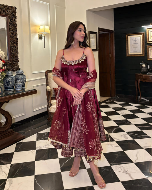 Vichitra Silk Maroon Anakali Suit - Festive Wear