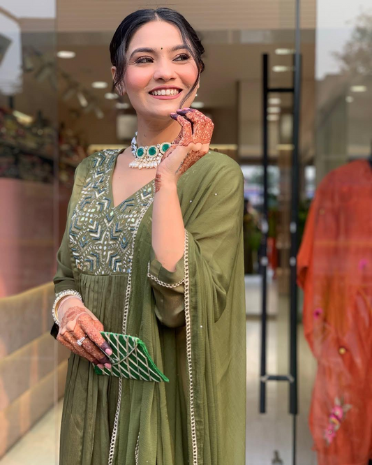 Muted Earthy Green Chinnon Embroidered Suit Set