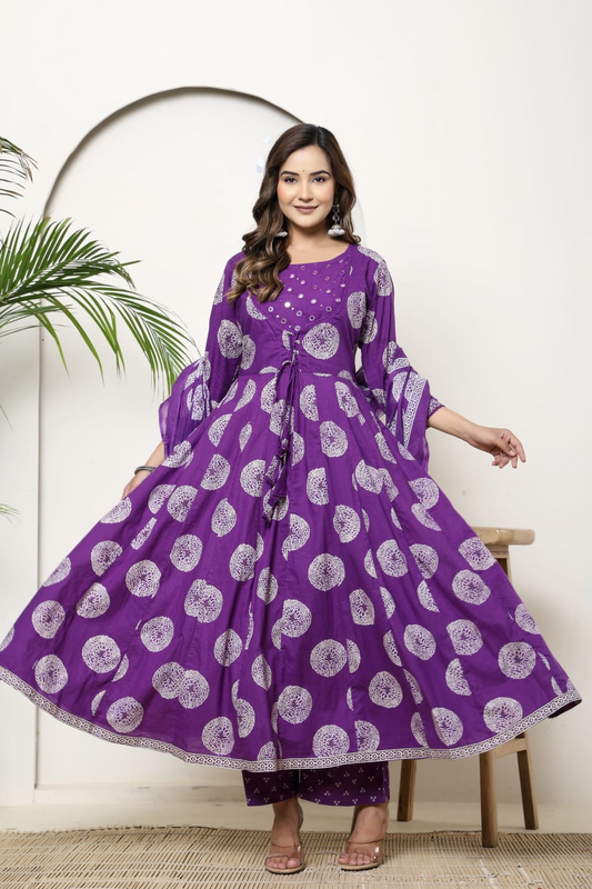 Purple Cotton Anarkali Suit Set