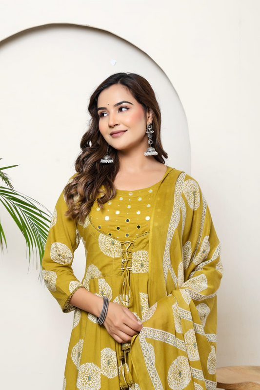 Mustard Cotton Anarkali Suit Set