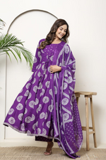 Purple Cotton Anarkali Suit Set