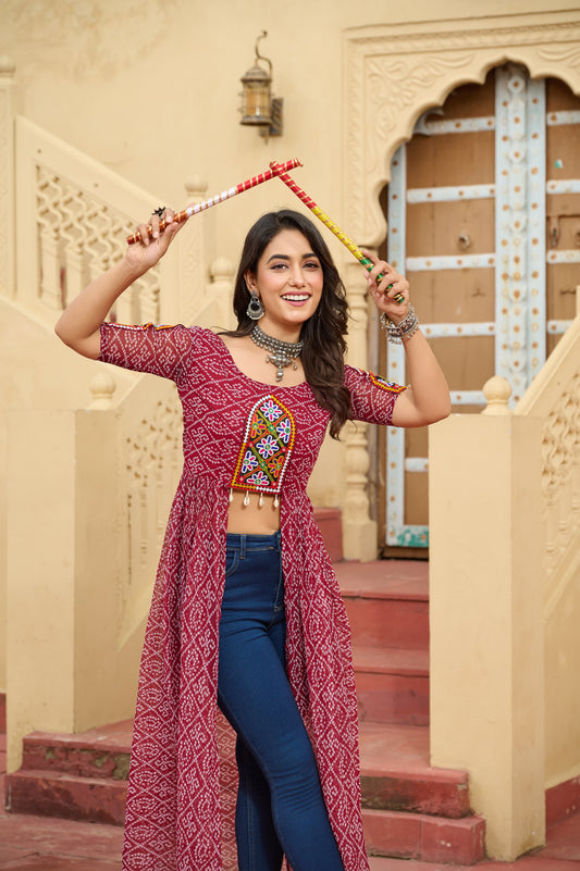 Bandhani Printed kutchi Patch Work Georgette Kurti- Red