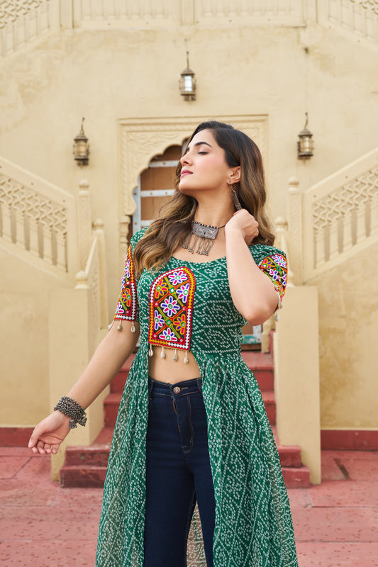 Bandhani Printed kutchi Patch Work Georgette Kurti- Green