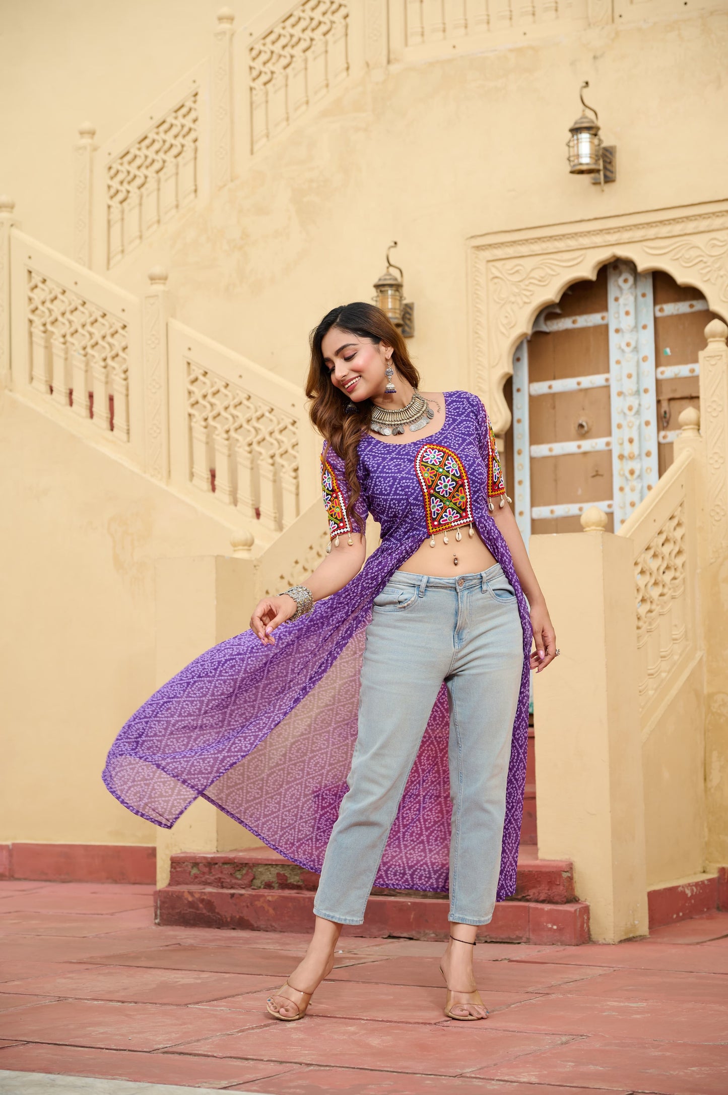 Bandhani Printed kutchi Patch Work Georgette Kurti- Lavender