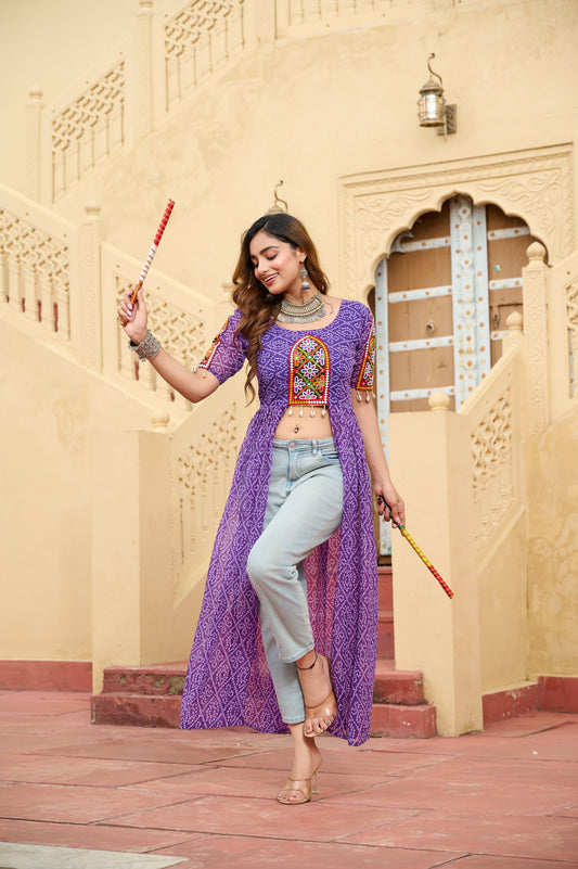 Bandhani Printed kutchi Patch Work Georgette Kurti- Lavender