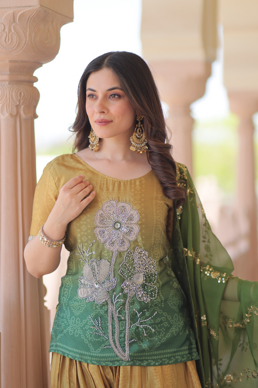 Mustard Green Chinon Print With Beads Embroidered Sharara Set