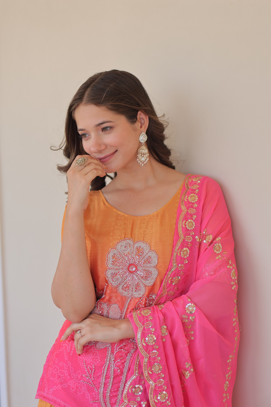 Orange Pink Chinon Print With Beads Embroidered Sharara