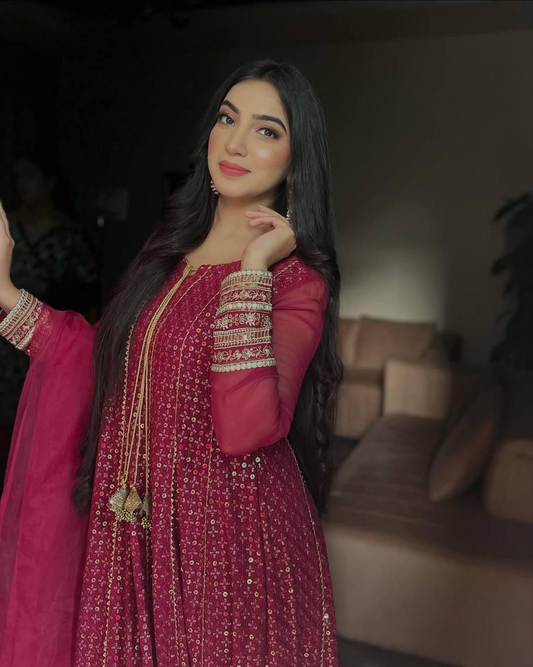 Red Faux Georgette Sequence Embroidered Gown