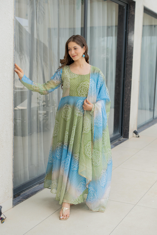 Organza Bandhej Kali Cut Anarkali Suit Set