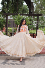 Off White Kora Cotton With Multi Thread Embroidered & Gota Patti Gown (Customizable)