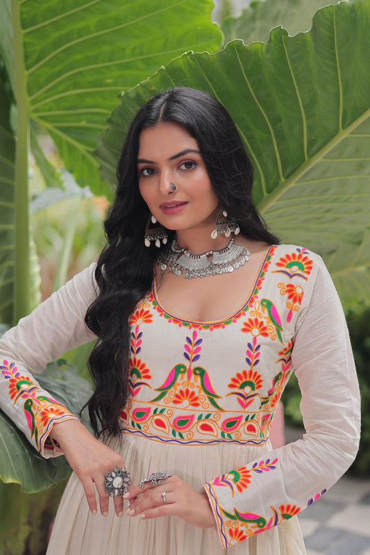 Off White Kora Cotton With Multi Thread Embroidered & Gota Patti Gown (Customizable)