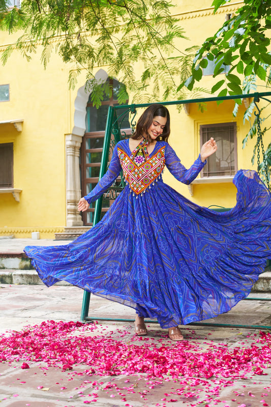Blue Georgette Kutchi Bandhani Patch Work Gown