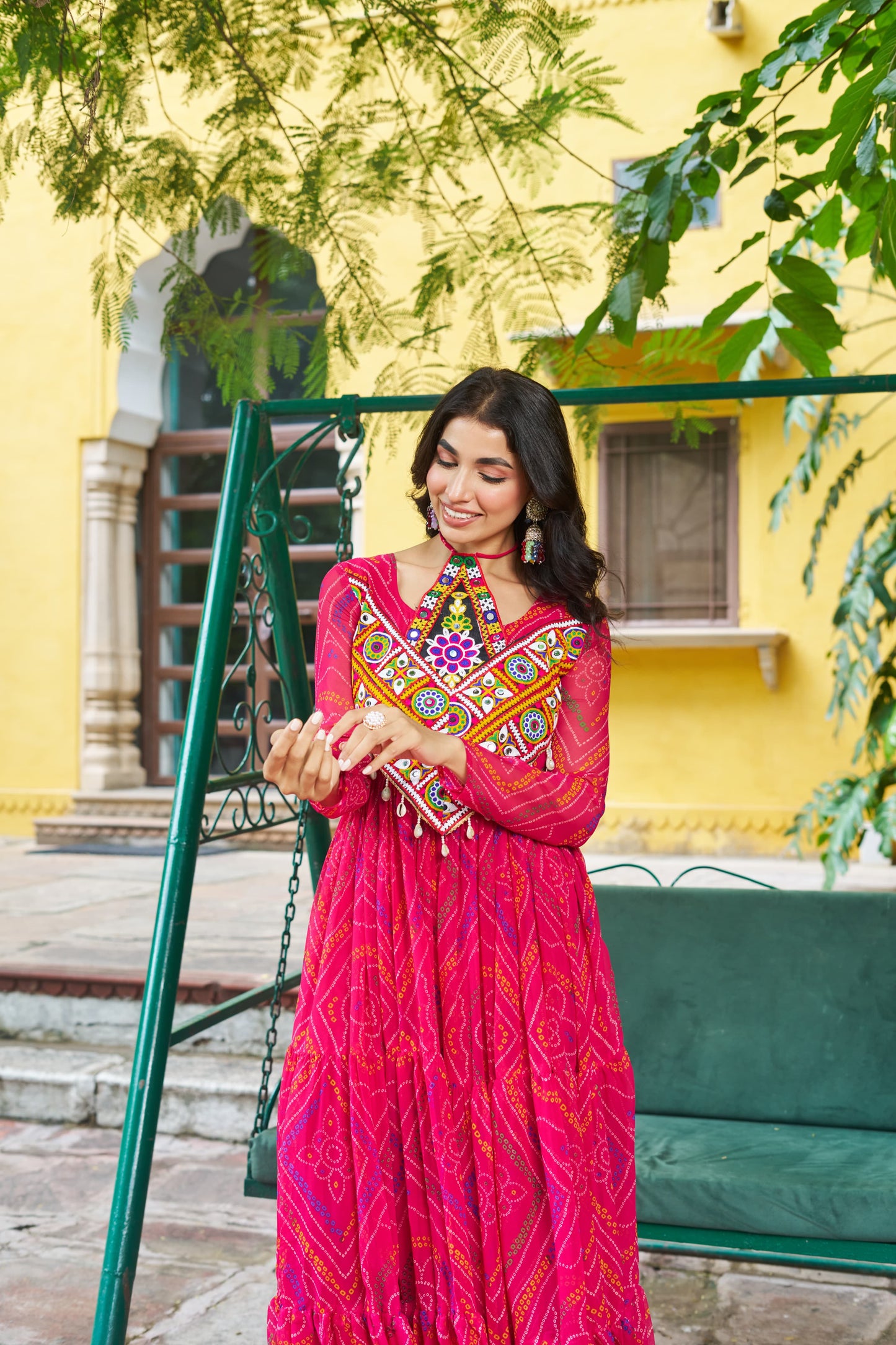 Red Georgette Kutchi Bandhani Patch Work Gown