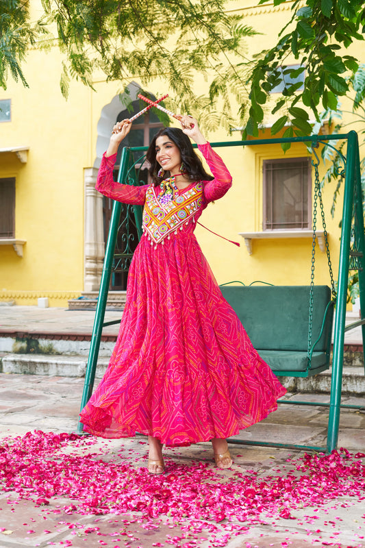 Red Georgette Kutchi Bandhani Patch Work Gown